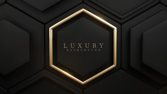 Luxury black background with gold hexagon frame and geometric shape elements with glitter light effect decorations. Realistic 3d style design. Vector illustration.