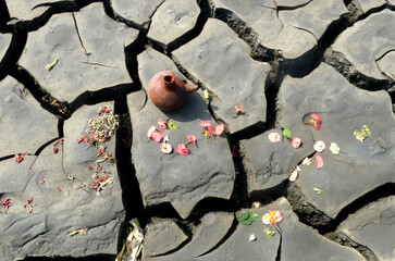 Cracked soil landscape due to dry environment around a mudflow in Sidoarjo, Indonesia
