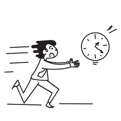 hand drawn doodle person people running after clock illustration