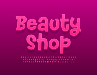 Fototapeta na wymiar Vector bright sign Beauty Salon. Modern Pink Font. Handwritten 3D Alphabet Letters, Numbers and Symbols set