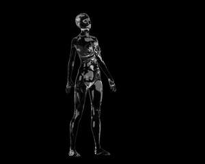 Three dimensional model. Transparent figure of a naked bald woman on a black background. 