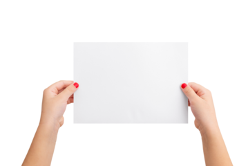 Girl's hands hold a blank paper in a horizontal position. Isolated background in white. Clean paper for copy presentation