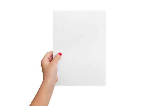 Isolated girl's hand hold a blank paper in a vertical position. Copy presentation mockup