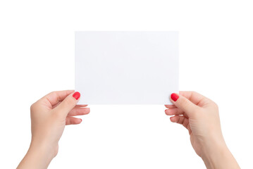 White A6 paper in woman's hands. Horizontal position. Blank sheet for copy presentation. Isolated...