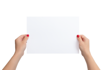 Blank sheet of A4 paper in female hands. Clean paper for presentation of text, drawings, print design. Isolated background in white