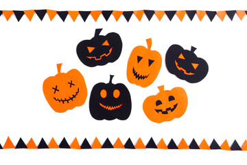 Happy halloween pumpkin smile make from paper cut on white background, Decorative Halloween concept