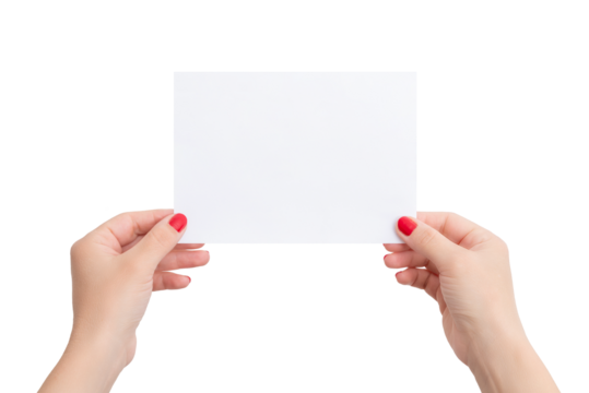 White A6 paper in woman's hands. Horizontal position. Blank sheet for copy presentation. Isolated bacgkround