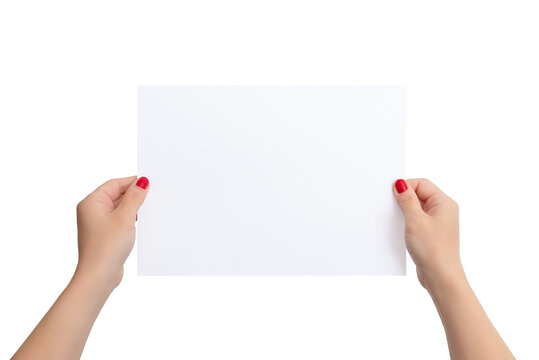 Blank sheet of A4 paper in female hands. Clean paper for presentation of text, drawings, print design. Isolated background in white