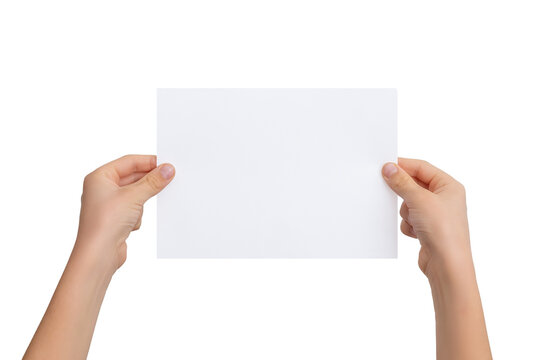 White sheet of paper in the hands of a boy. Horizontal position. Isolated background
