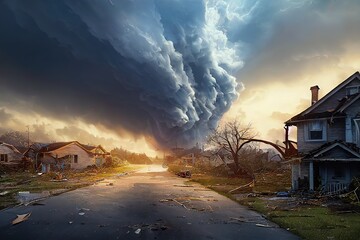 Natural disaster, hurricane on the road with damaged houses 3d illustration - obrazy, fototapety, plakaty