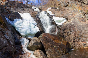 the largest waterfall in the South Urals gadelsha on a spring sunny day