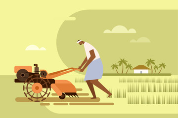 Illustration of farmer using power tiller machine to plough the paddy field
