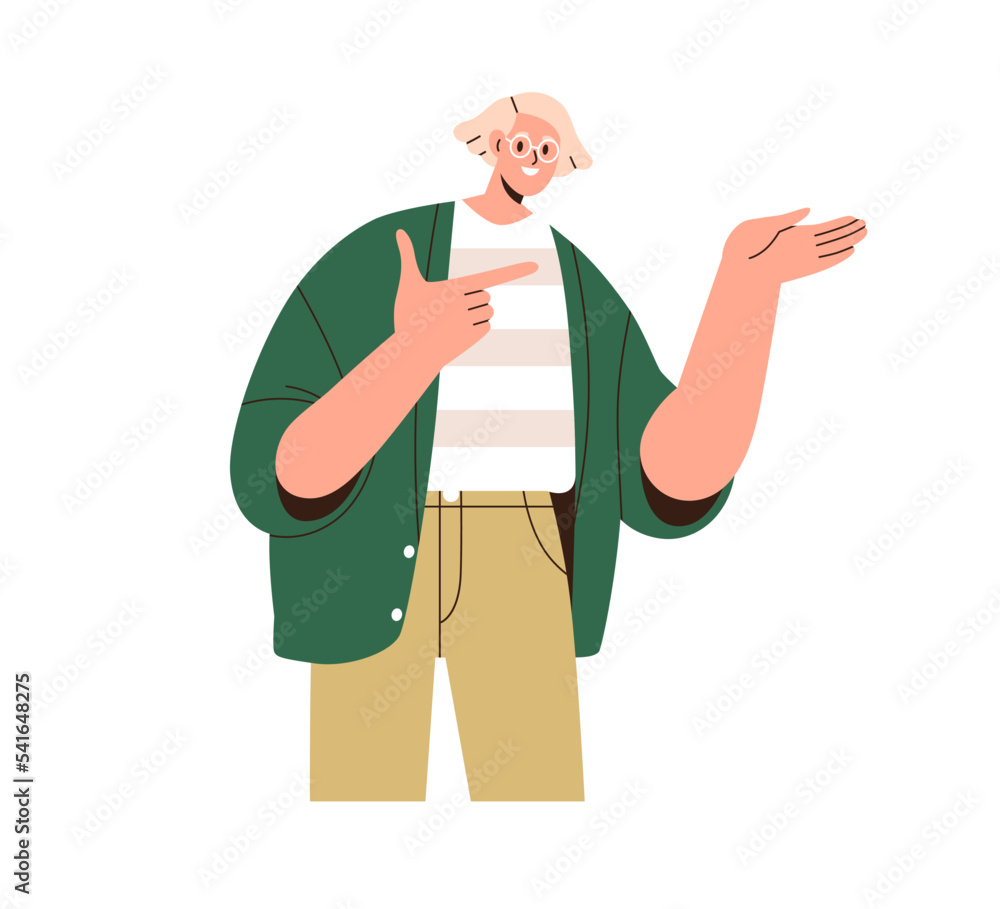 Poster happy person showing, presenting smth with hand gesture to side. smiling man presenter pointing, adv