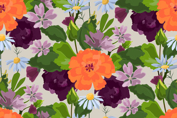 Vector floral seamless pattern. Meadow, garden flowers and herbs on an ivory background.