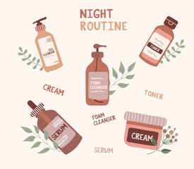 Night routine skincare steps with cleansing oil, form cleanse, toner, serum and cream. Skin care aethetic 