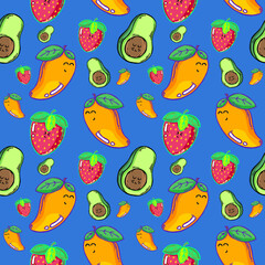 Fruits Cartoon Pattern Clipart ( mango - strawberry - avocado )