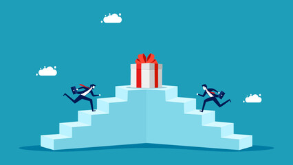 Competition and motivation to work. businessman runs up the stairs to win a gift box vector