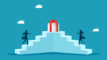 Competition and motivation to work. A businessman walks up the stairs to win a gift box vector