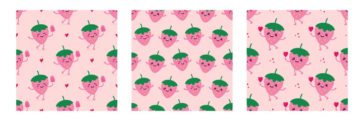 Set, collection of three vector seamless pattern backgrounds with cute happy cartoon style pink strawberry characters.