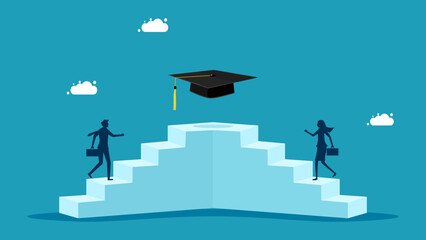 Competition and learning motivation. businessman walks up the stairs to win a graduation hat vector