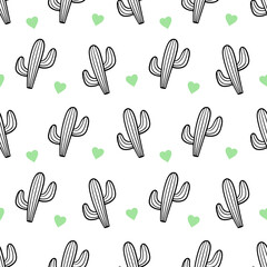 Doodle, hand drawn cactus, cacti, succulents and green hearts vector seamless pattern background.