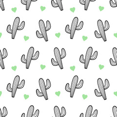 Doodle, hand drawn cactus, cacti, succulents and green hearts vector seamless pattern background.