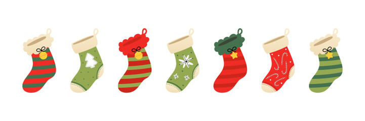 Set, collection of cute decorated christmas socks, christmas stocking, sock-shaped bags for winter holidays design.
