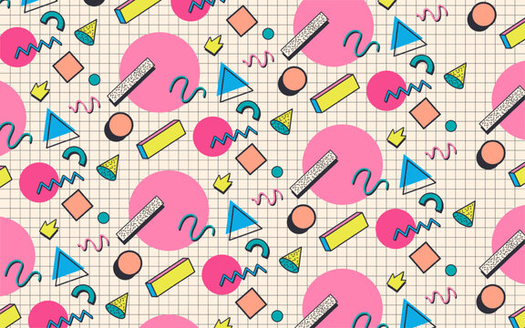 Vector pattern 80s. Abstract geometric shapes Background. Retro vintage Memphis design.