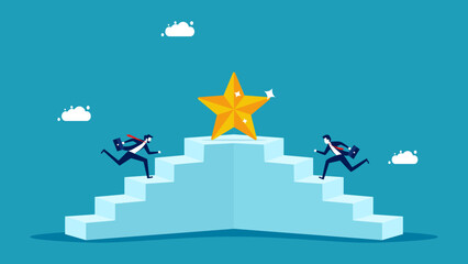 Compete for a position. Businessmen run up the stairs to win the stars. vector illustration eps
