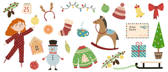 Collage of happy girl with Christmas symbols on white background