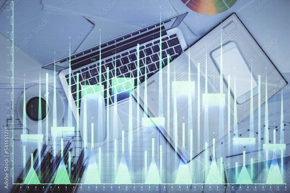 Poster Multi exposure of forex chart drawing over table background with computer. Concept of financial research and analysis. Top view.