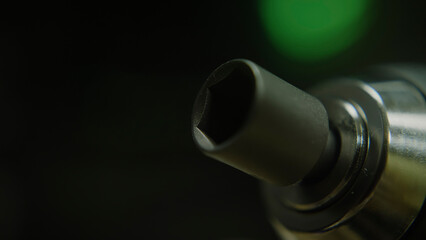 Rotating drill hex head, macro extreme close-up, technology and toolkit concept