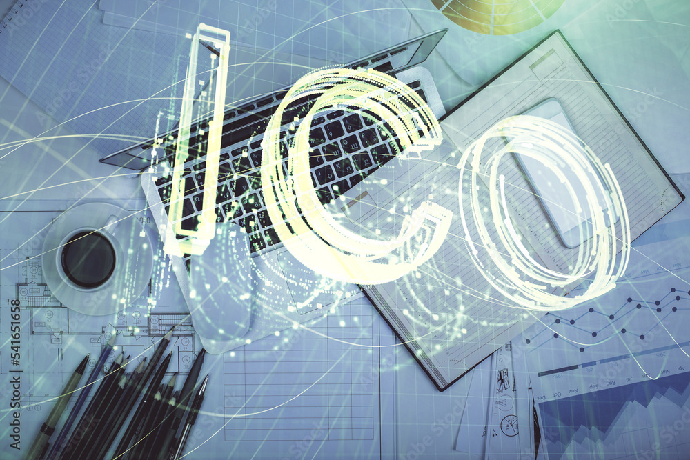 Poster Blockchain theme hologram drawings over computer on the desktop background. Top view. Multi exposure. Concept of cryptoeconomy.