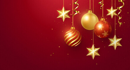 Fototapeta premium Merry Christmas composition 3D realistic golden ribbon and bauble decoration ball star ornaments