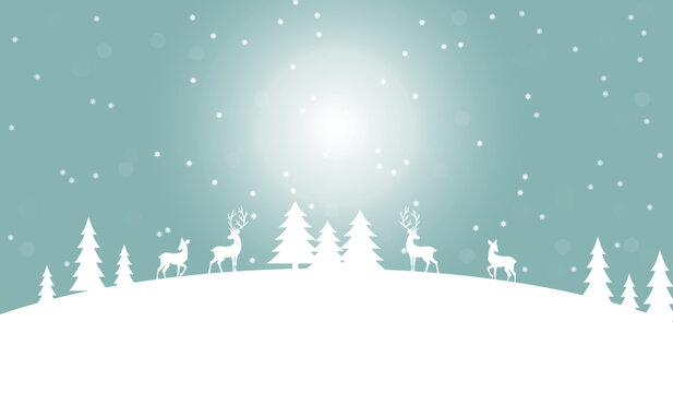 Christmas background wallpaper. Seasonal natural snowy background with fir trees and deers. Flat. Vector illustration