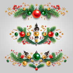 Decorative borders from a Christmas tree branches, ribbons and balls isolated on a light background. Frame template.
