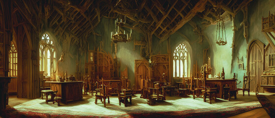 Fototapeta na wymiar Artistic concept illustration of a medieval interior, background illustration.