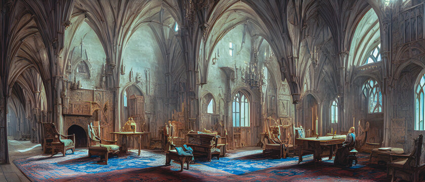 Artistic concept illustration of a medieval interior, background illustration.