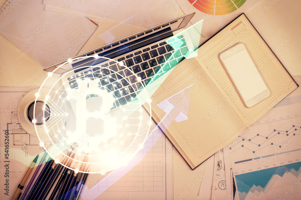 Poster blockchain theme hologram drawings over computer on the desktop background. top view. multi exposure