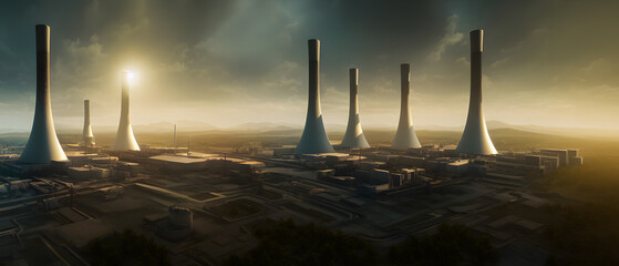Artistic concept illustration of an aerial nuclear power plant, background illustration.