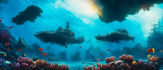 Fototapeta na wymiar Artistic concept illustration of a underwater pirate ship, background illustration.