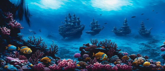 Fototapeta na wymiar Artistic concept illustration of a underwater pirate ship, background illustration.