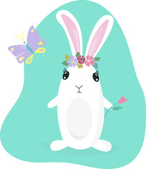 Obraz premium Cute bunny on green spot background. Print design rabbit. Children print on t-shirt. Vector
