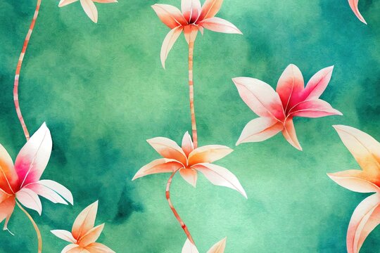 Tropical isolated seamless pattern with flamingo. Watercolor tropic drawing, rose bird and greenery palm tree, tropic green texture, exotic flower. Aloha collection