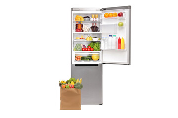 Grocery bag next to an open fridge