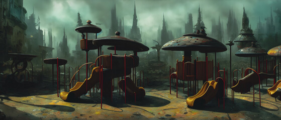 Fototapeta na wymiar Artistic concept painting of a dystopian playground, background illustration.