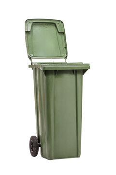 Studio shot of a green dustbin with an open lid