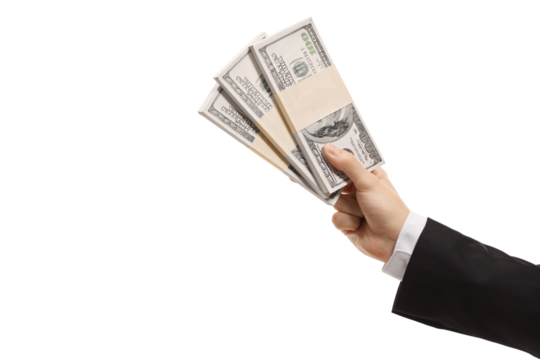 Hand of a man in a suit holding three stacks of us dollar money