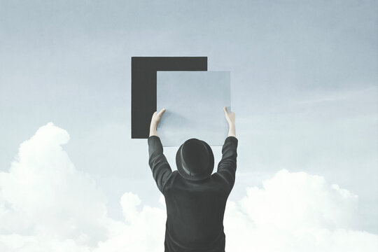 Illustration of man placing a peace of sky, surreal abstract concept
