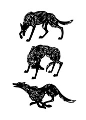Vector card with hand drawn group of funny skinny wolves. Ink drawing, graphic style. Beautiful wild nature design elements, funny illustration
